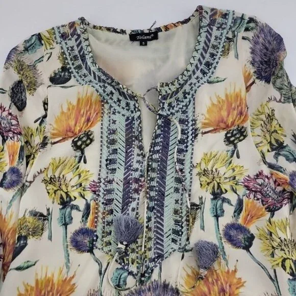 Tolani Floral Boho Tunic Top Womens Size Small Tassel Tie V Neck Sheer India - Picture 6 of 12
